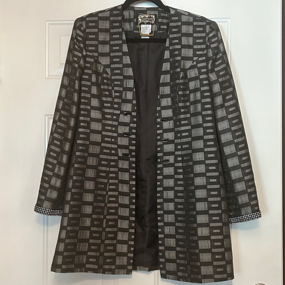 Champagne Italy Sateen Open Jacket 8 Black Gray Blazer Rhinestone Cuffs Glam